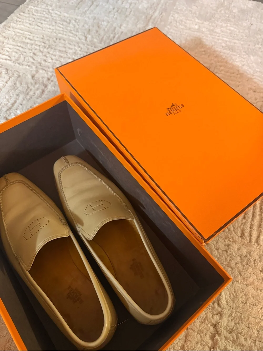 Hermes Light Beige Leather Men's Slip-On Loafers with Perforated Logo